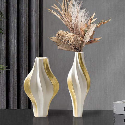 2 Pieces Abstract White & Black Striped Resin Flower Vase Set Home