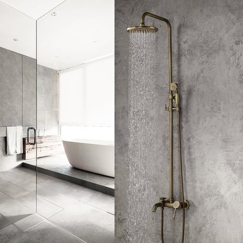 Robinet mitigeur d'eau chaude et oide en laiton Antique, salle de bains, bain-douche, pluie, rond pivotant de 8 pouces, système de douche à barre coulissante  13