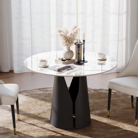 Table Ronde à Manger Elias - Plateau Chêne Texturé, Pied Central Métal Noir, Pour 4 Personnes (D102 Cm)