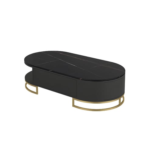 Black Oval Storage Coffee Table with Drawers Sintered Stone Gold Base ...