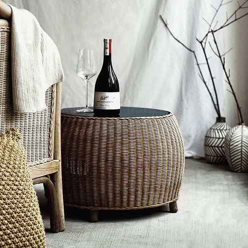 21.7" Brown Rattan End Table Cat Bed Round Black Tempered Glass Table