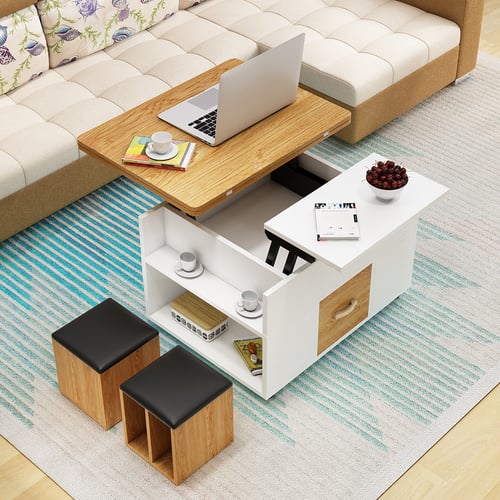 Vintage Lift Top Coffee Table Set with Storage & Stools Extendable in