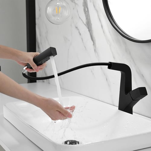 Black Modern Single Hole Bathroom Sink Faucet Dual Function Pull-Out ...