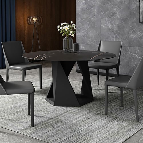 Mhexagon 59" Classic Black Round Sintered Stone Top Dining Table Carbon ...