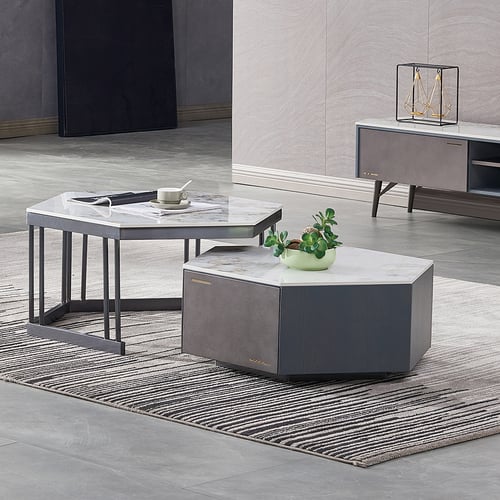 Modern Hexagon Nesting 2-Piece Sintered Stone Top Coffee Table Set | Homary