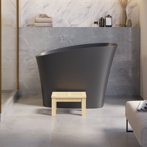 47" Moderne schräge tiefe freistehende japanische Badewanne aus mattschwarzem Steinharz