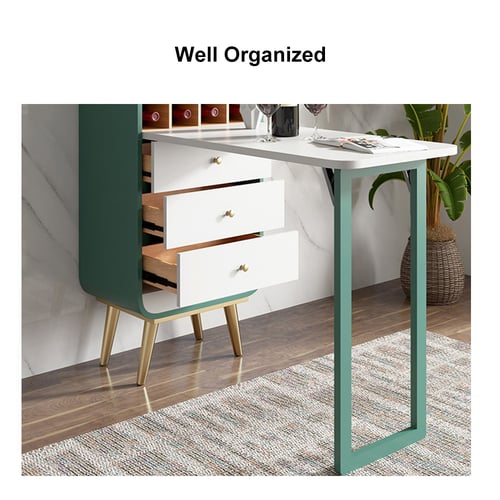 Foldable Bar Convertible with Wine Rack & Table & 3 Drawers