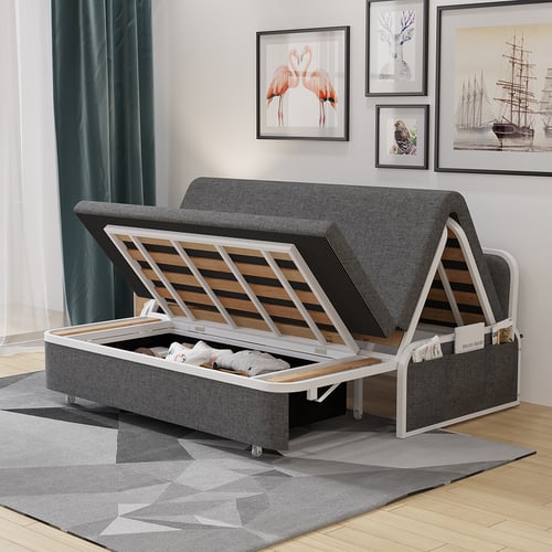 60" Modern Deep Gray Cotton Linen Upholstered Convertible Sofa Bed with