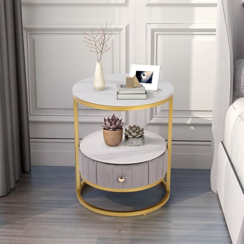White Round Sintered Stone Side Table with Drawer Velvet Gold Finish