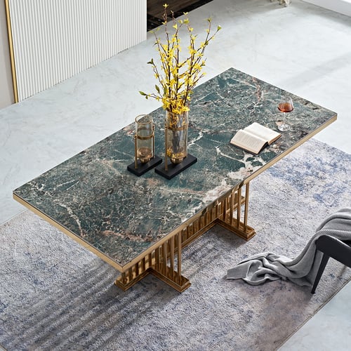 1600mm Modern Rectangular Glossy Stone Dining Table Gold Stainless ...
