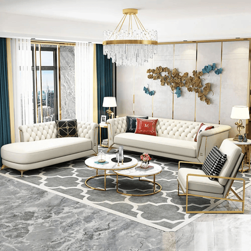 3 Piece Modern Living Room Set Chesterfield Sofa with Chaise and Chair ...