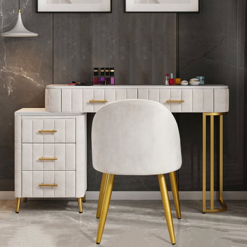 Modern White Velvet Makeup Vanity Expandable Dressing Table with