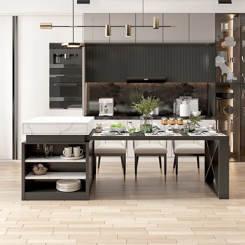 73"-93" Extendable White&Black Kitchen Island with Storage Kitchen ...