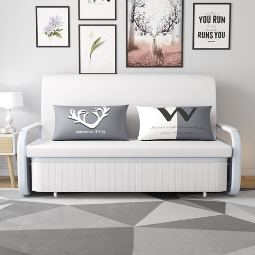 62" White Sleeper Sofa Bed Modern Convertible Cotton & Linen Upholstery ...