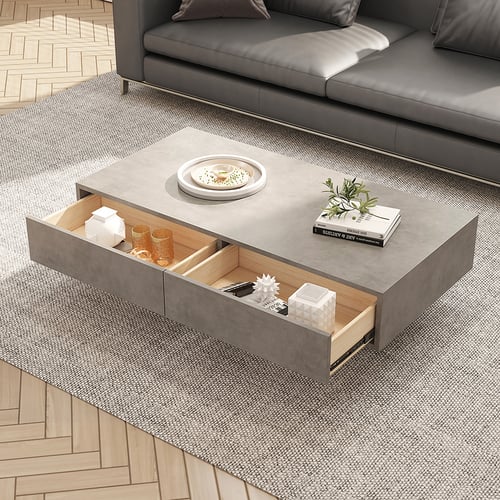 Japandi Rectangle Concrete Gray Coffee Table with 2 Drawers & Open ...
