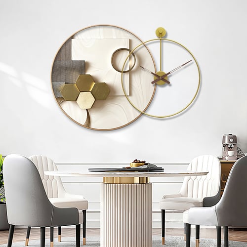 Modern Gold Round Wall Clock Canvas Painting Decor Art with Wood ...
