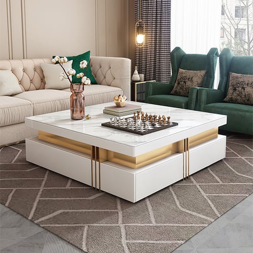 Set of 2 White Sintered Stone Coffee Table & TV Stand Set with Wood