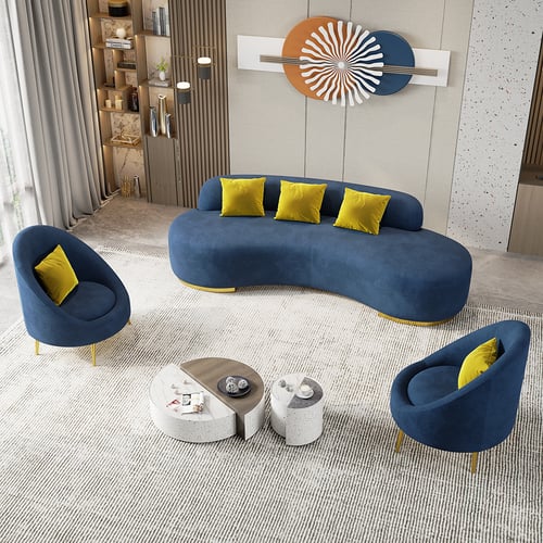 Blue Velvet Upholstered Curved Sofa Living Room Set of 3 With Pillows