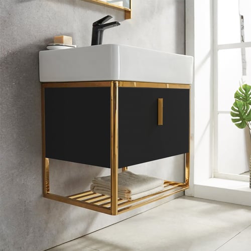 24" Modern Black Floating Bathroom Vanity with Drawer Shelf Single ...
