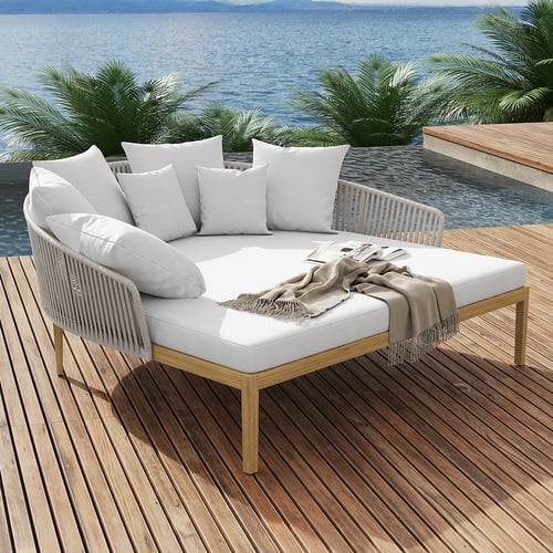 Modern Rattan & Metal Outdoor Patio Daybed White & Gray with Cushion