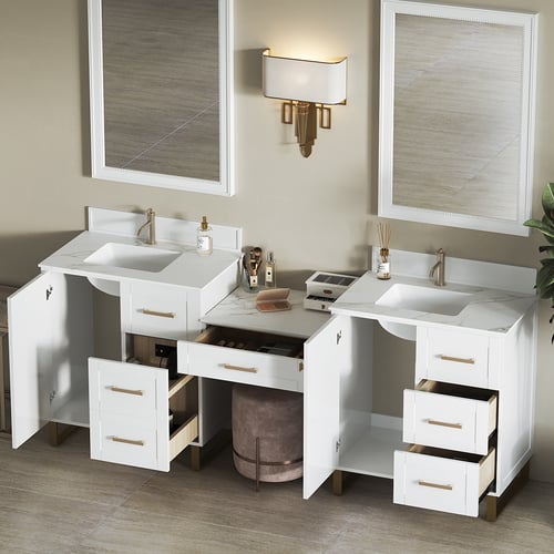 86" White Freestanding Double Sink Bathroom Vanity Set with Makeup ...