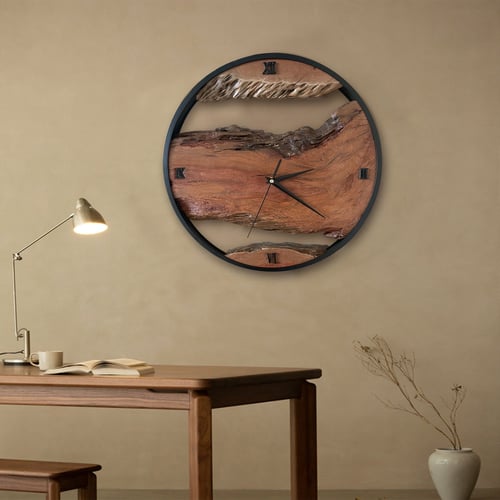 15.7" Rustic Silent Round Wooden Roman Numeral Live Wall Clock with ...
