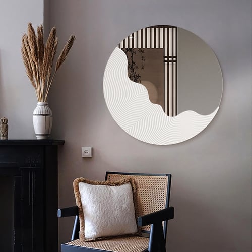 23.6" Round White Japandi Wave Textured Wall Mirror Decor Art Living ...