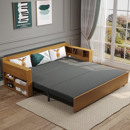 82" Gray & Brown Full Sleeper USB Port Cotton & Linen Convertible Sofa ...