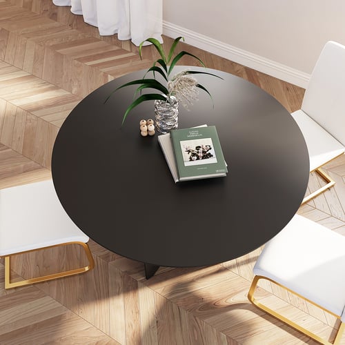 1000mm Modern Round Dining Table for 4 Black Solid Wood Tabletop ...