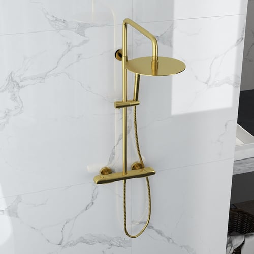 VANFOXLE Duscharmatur Mit Druckknopf – Gebürstetes Gold, Inkl. 25,4 Cm Regenduschkopf & Handbrause