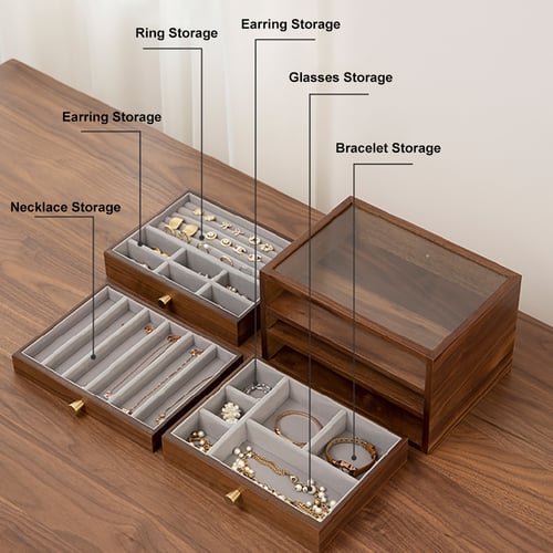 Boîte à Bijoux En Noyer Avec Tiroir, Organiseur En Bois Massif