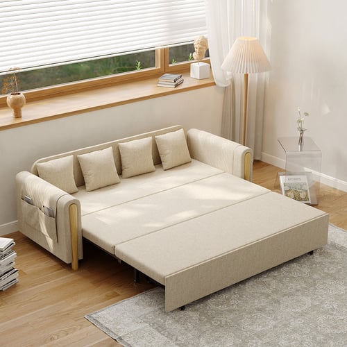 82" Full Beige Sleeper Sofa Upholstered Convertible Sofa Bed with ...