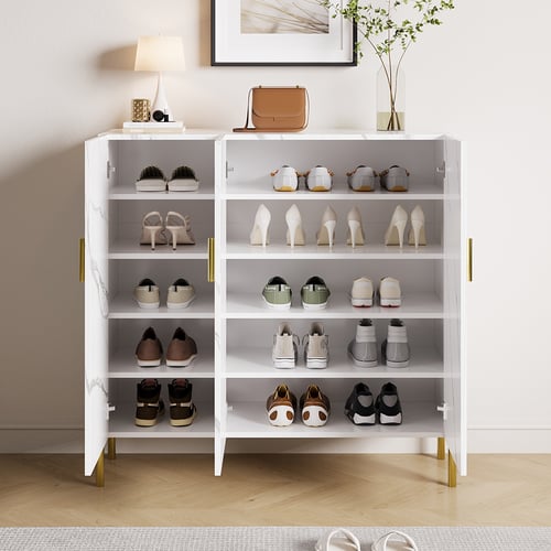 Marble Texture Shoe Storage Cabinet 3 Doors & 5 Shelves Entryway Closet ...