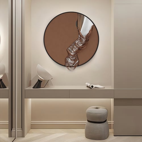 23.6" Modern Abstract Round Wall Decor Geometric PU Leather & Glass Art