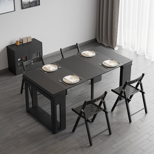 Modern Black Extendable Dining Table Set Rectangle Storage Sideboard ...