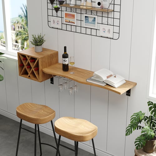 Table de bar flottante Live-Edge de 1340 mm avec rangement pour bouteilles de vin, table de pub en bois