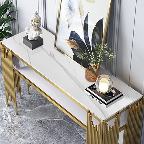 47.2" Modern White Faux Marble Narrow Console Table with Storage Shelf