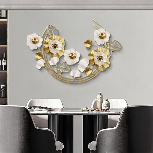 47.2" Modern Metal Wall Decor Art with Gold & White Leaves & Flowers