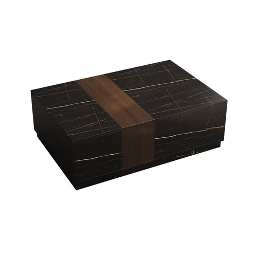 47.2" Vewal Wood Block Coffee Table Marble & Walnut Veneer in Black