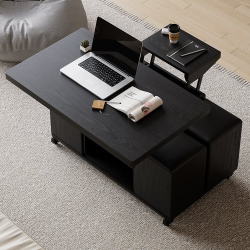Modern Black Lift Top Coffee Table 4 in 1 with Storage Ottoman Foldable