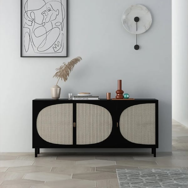 63" Japandi Rectangular Black Rattan Sideboard Buffet 3 Doors Storage Cabinet Plywood
