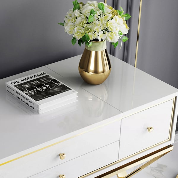 White Makeup Vanity Set Glossy Dressing Table with 2 Drawers in Gold