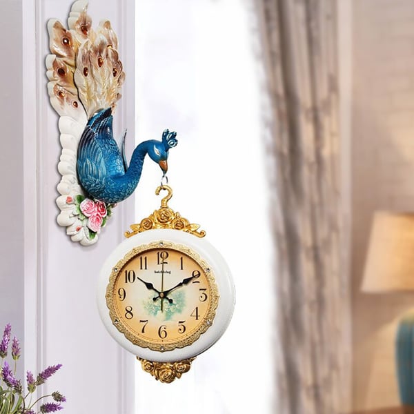 European Style TwoSided Wall Clock Embossed Peacock Decorative Hanging