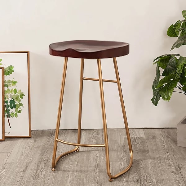 Industrial Wooden Bar Height Bar Stool with Coffee Saddle Seat & Gold