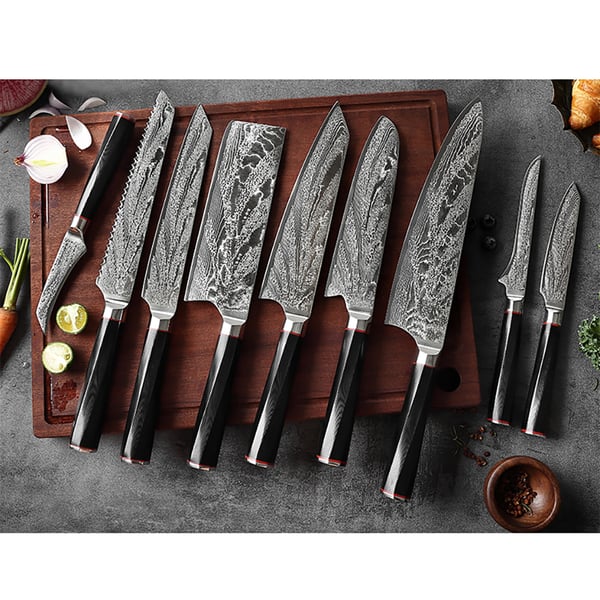 9 Pieces of Damascus Steel Knife Block Set with Knife Storage Homary UK