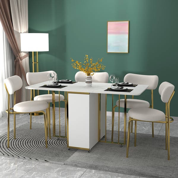 Modern Folding White Dining Table 63" with Storage Drop Leaf Gold Frame