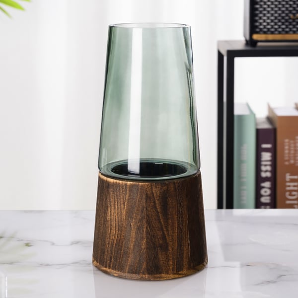 Nordic Style Glass & Wood Table Flower Vase Home Decorative Object Desk Decor Art