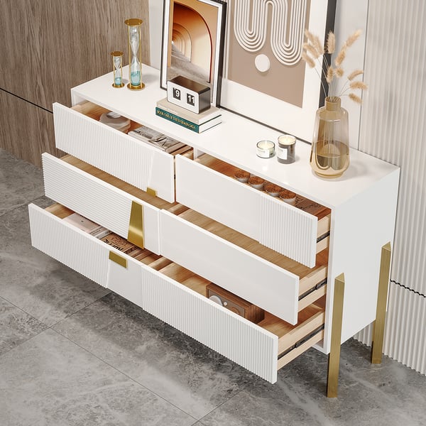 Commode à 6 Tiroirs Blanc Et Pieds Dorés - Moderne, 100x34x73 Cm, Rangement Chambre/salon
