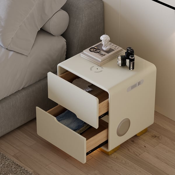 Modern White Leather Smart Nightstand with Light & Wireless Charger