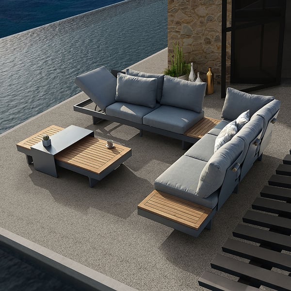4-Pieces Aluminum & Teak Outdoor Sectional Sofa Set